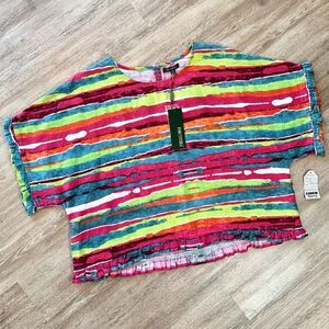 For Cynthia Linen Blend Colorful Watercolor Short Sleeve Top NWT